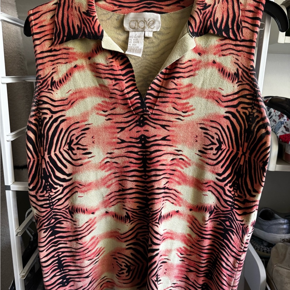 🧡🖤RIBBED KNIT COLLARED TANK TOP ANIMAL PRINT LARGE🖤🧡